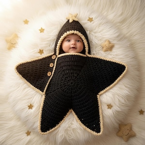Puede incluir: Una manta de arrullo para bebé tejida a ganchillo en color negro con forma de estrella de cinco puntas y capucha. Los bordes están rematados con hilo color crema y la capucha tiene un pequeño adorno de estrella. Tres botones de madera.