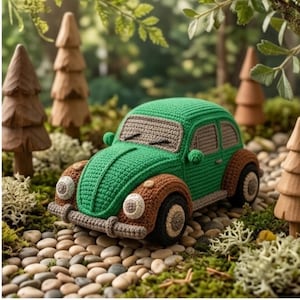 May include: A crocheted toy car featuring a vibrant green body with brown fenders, bumpers, and wheels. The vehicle has a tan windshield and side windows, with circular headlights and a rounded silhouette, crafted with detailed yarn stitching throughout.