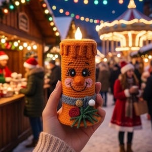 Könnte beinhalten: Eine zylindrische, orangefarbene Häkelkerzendekoration mit einem lächelnden Gesicht, gestickten Augen, einer Nase und rosa Wangen. Sie ist mit einem grauen Schal, einer kleinen beigen Kugel, einem weißen Bommel und einem Häkel-Stechpalmenmotiv verziert.