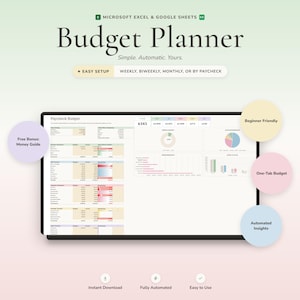 May include: A digital budget planner for Microsoft Excel and Google Sheets featuring a paycheck budget dashboard with tables, pie charts, and bar graphs. Text includes Budget Planner, Simple. Automatic. Yours., Easy Setup, and Free Bonus: Money Guide.