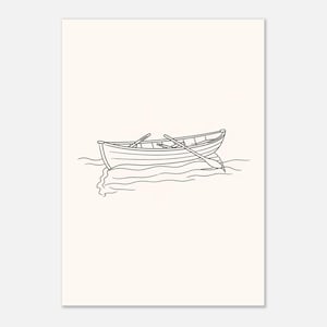 May include: A black and white line drawing of a rowboat with two oars. The boat is floating on water, with simple lines indicating the waves. The background is a solid off-white color.