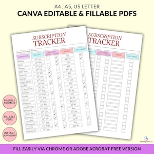 May include: Two white subscription tracker templates with the text "Subscription Tracker" in a pink header. The templates include fields for subscription name, due date, frequency, amount, and auto-renew. Text on the image says "Canva Editable & Fillable PDFs."