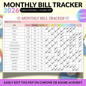 May include: A printable 2026 monthly bill tracker with a pink and white design. The template includes sections for bills, amounts, due dates, and auto-pay status, with check boxes for each month. The text says "Edit on Canva".