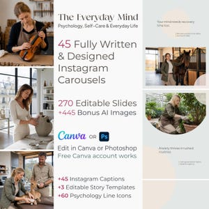 45 Pre-Written Psychology & Self-Care Instagram Carousels + 445 AI Images | Editable Content Pack
