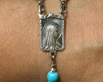 Genuine Turquoise Double Decade Rosary Bracelet, Reversible Sacred Heart & Mary Medal, Magnetic Clasp