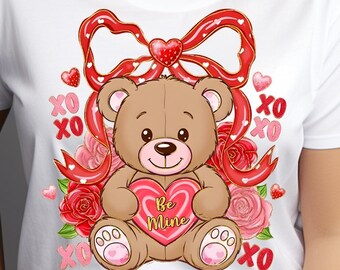 Valentine Coquette teddybeer PNG en SVG XOXO Be Mine schattige beer ontwerp roze glitter hart boog sublimatie preppy Valentijn digitale download