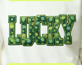 St Patrick Lucky Varsity SVG PNG, Faux Embroidery Shamrock Clover Shirt Design, Retro Patrick Coquette Sublimation Digital Download