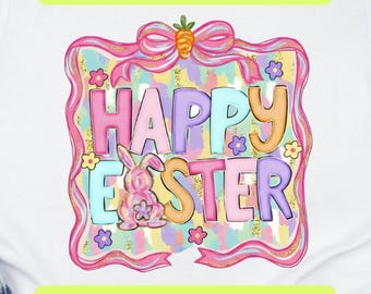 Happy Easter PNG SVG, Preppy Coquette Bow Bunny Ears Design, Pastel Brushstroke Jpg Pdf, Sublimation Shirt Digital Download