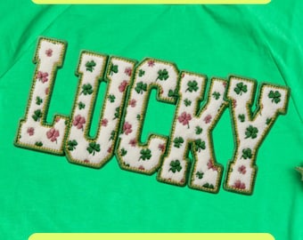 St Patrick Lucky Varsity PNG SVG, Faux Embroidery Shamrock Clover Shirt Design, Retro Coquette Sublimation Digital Download