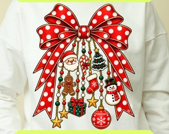 Retro Christmas Bow PNG SVG, Girly Christmas Design, Polka Dot Christmas Tree Doodles, Aesthetic Xmas Shirt Sublimation, Digital Download