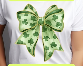 St Patrick’s Day Shamrock Bow PNG SVG, Lucky Irish Girl Coquette Clover Bow Design, Sublimation Shirt Digital Download