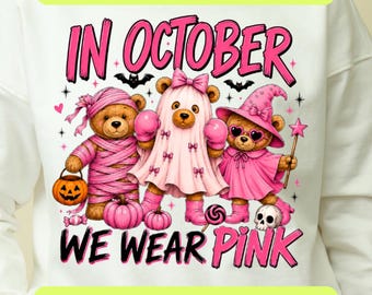 In October We Wear Pink PNG SVG, Breast Cancer Awareness Shirt Design, Pink Ghost Halloween Graphic, Digital Download