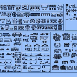 May include: A blueprint-style illustration on a light blue background. The image is divided into sections, showcasing various top-down views of furniture, vehicles, and architectural elements, all rendered in black and white.