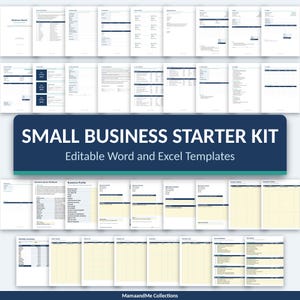 May include: A collection of business document templates featuring white and light yellow pages with dark blue headers and text. The central banner displays the text SMALL BUSINESS STARTER KIT Editable Word and Excel Templates.
