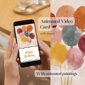 以下が含まれることがあります： スマートフォンには、カラフルな風船と「Happy Birthday」の文字が入ったデジタル誕生日カードが表示されています。カードは、音楽とアニメーションペインティングを備えたアニメーションビデオカードです。背景には、風船の水彩画があります。