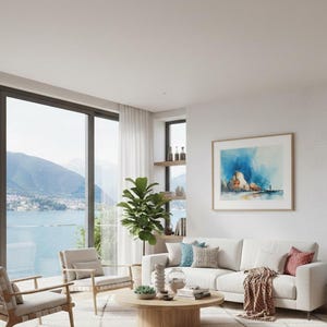 May include: A modern living room with a large window overlooking a lake and mountains. The room features a white sofa, two armchairs, a wooden coffee table, and a framed abstract painting. A large potted plant adds a touch of greenery.