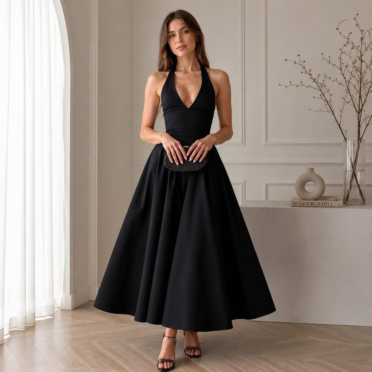 black halter neck formal dress Beaded Detail Midi Sheath Size:M (US 4) Whether you are dressing Cocktail & Party Beck Plunge Maxi Dress
