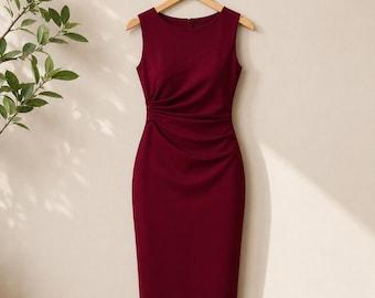 Bodycon Dress Women, Ruched Pencil Midi Dress, Elegant Sleeveless Round Neck, Cocktail Party Office Work Summer Casual Dress