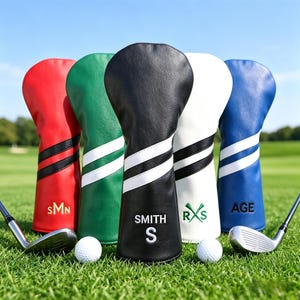 Könnte beinhalten: Fünf Golfschlägerhauben in Rot, Grün, Schwarz, Weiß und Blau. Jede Haube hat ein weißes Streifendesign und personalisierte Initialen oder Namen. Golfbälle und Schläger sind auf grünem Gras zu sehen.