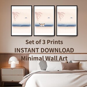 Minimalist Japanese Cat Wall Art Set of 3, Neutral Beige Zen Printable Art, Wabi Sabi Decor, Modern Calm Wall Decor, Digital Download