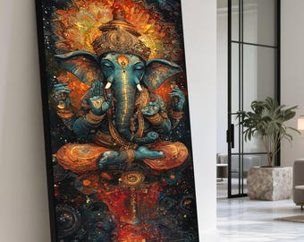 Mystic Ganesha Canvas Print, Spiritual Indian Wall Art, Large Framed Decor
