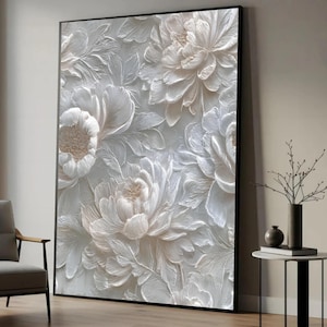 Cuadro floral blanco sobre lienzo, estampado de peonías con efecto 3D en relieve, decoración neutra para el hogar, sala de estar.