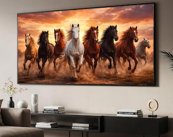 Canvastavla med vilda hästar som springer i solnedgången, galopperande hästar, väggkonst, naturlandskapsdekoration