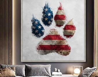 Canvastavla med tassavtryck från amerikansk flagga, patriotisk hunddekor, vardagsrum, sovrum, matsal