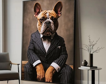 Elegant kanvastavla med porträtt av en fransk bulldogg, djurmotiv i kritstrecksrandig kostym, redo att hängas upp