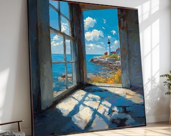 Canvastavla med fönstermotiv av kustfyr, väggkonst med havslandskap, nautisk dekor