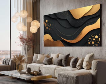 Svartguld abstrakt kanvastavla, modern geometrisk metallisk väggdekoration