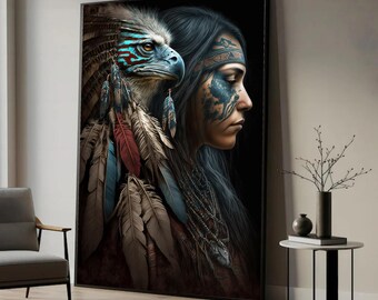 Native American Warrior with Eagle Headdress Canvas, Tribal Wall Art, Feather, Ethnic Boho Print