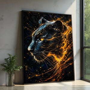 Maestosa pantera nera su tela, opera d'arte astratta con animali infuocati da appendere al muro, audace ritratto di fauna selvatica, stampa su tela premium arancione e nera vibrante