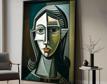 Abstract Female Portrait Canvas Print Wall Art, Modern Cubist Face Design, Ready to Hang