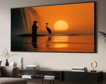 Canvastavla Samurai Silhuett Vattenfall Solnedgång, Japansk Naturscen Väggkonst