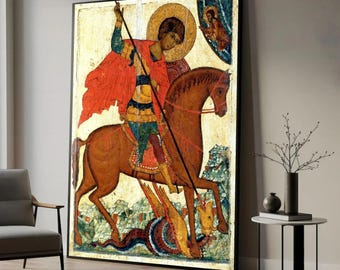 Sankt Görans drakdödare canvas, medeltida religiös väggkonst, kristen ikontryck,