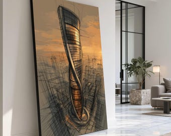 Canvastavla med futuristisk skyskrapa, stadslandskap i urban solnedgång, arkitektonisk byggnadsdekoration