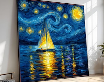 Van Gogh-Sterrennacht zeilboot canvasprint, nautische muurkunst, woonkamer