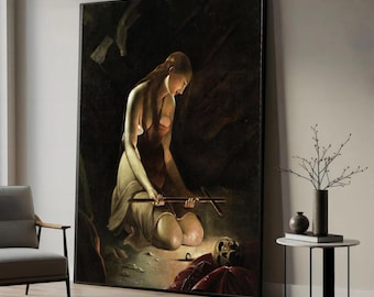 Knäböjande kvinna med stav, mörk mystisk scen, kanvastavla, heminredning i vardagsrummet