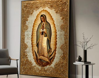 Our Lady of Guadalupe Canvas Print Art, Gold Embossed Religious Decor