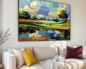 Canvastavla med lugnt landskap av golfbana, reflektion av grön äng, redo att hängas upp