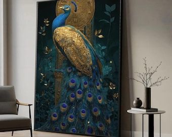 Majestätisk blå påfågel canvastavla, lyxig naturcanvas, utsmyckad illustration av vilda djur