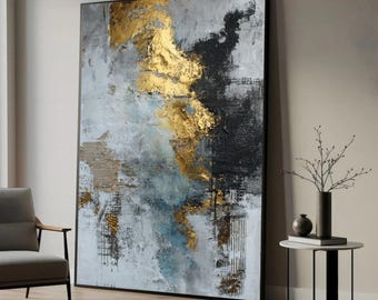 Abstract Gold Black Canvas Print, Metallic Blue Gray Wall Art, Luxury Contemporary Home Decor