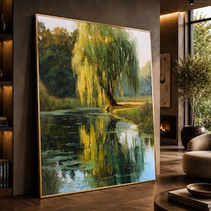 Tranquil Willow Tree Reflection Canvas, Serene River Landscape Wall Art, Nature Scene Canvas Print