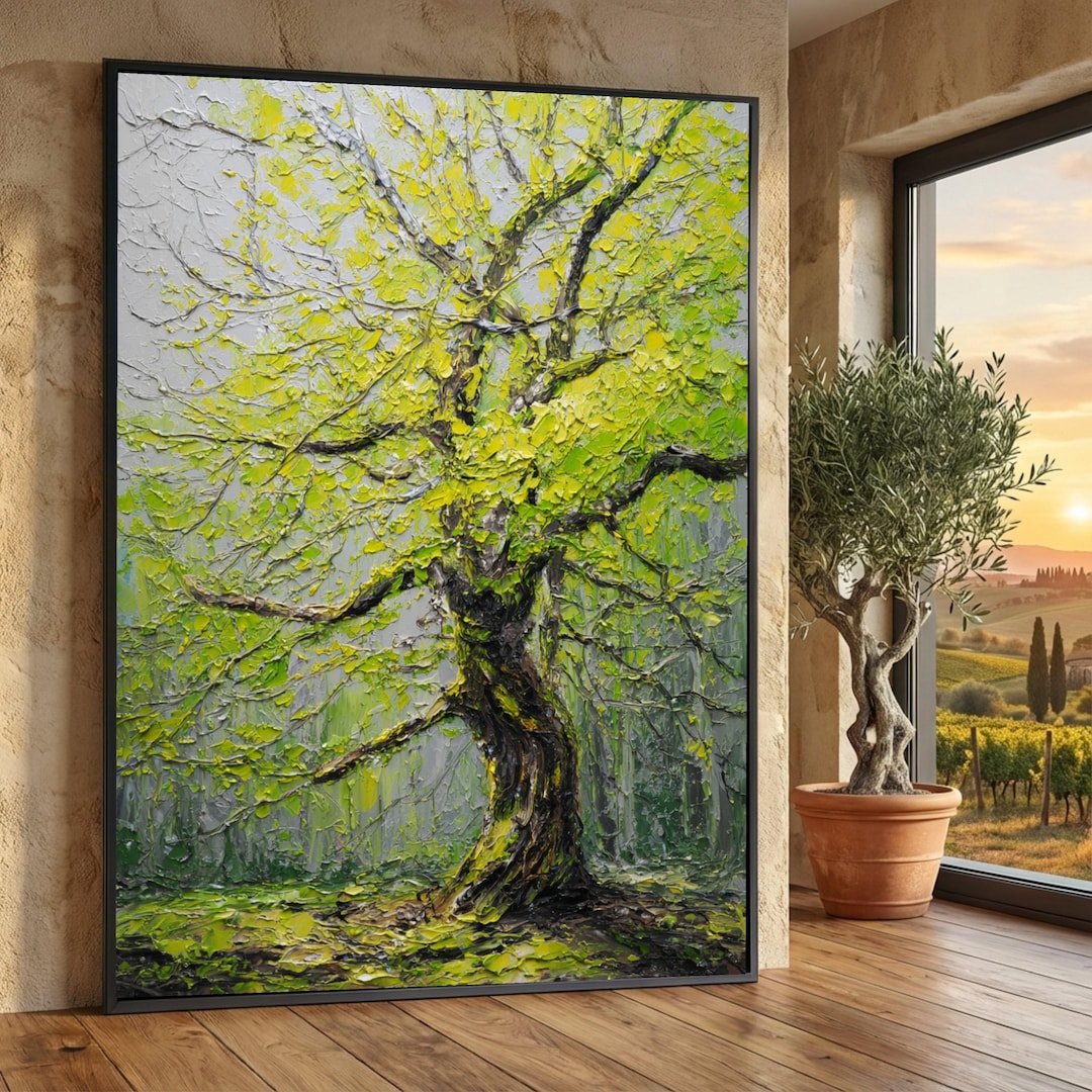 Vibrant Green Tree Canvas Wall Art, Impasto Nature Painting, Forest ...