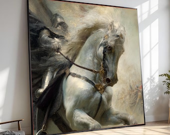 Majestätisk riddare på vit häst, väggkonst medeltida rustning, klassiskt ridtryck,