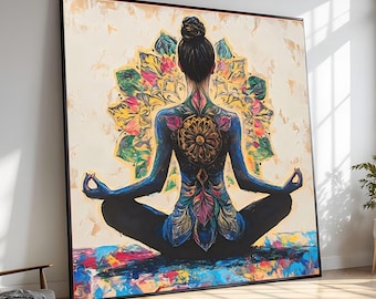 Meditativ kvinnaposition Canvastavla, Blommig mandala-bakgrundskonst, Yoga-väggdekoration, Vardagsrum