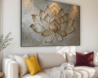 Canvastavla med guldfärgad lotusblomma, väggdekoration med texturerad blommig relief (klar att hängas)