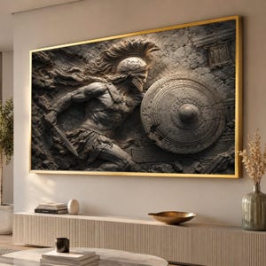 Escultura de guerrero espartano, lámina decorativa con escena de batalla antigua, decoración de héroe mítico (lista para colgar).