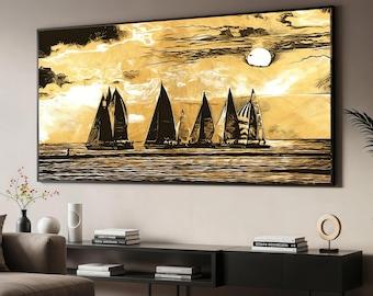 Canvastavla med gyllene solnedgång och segelbåtar, nautisk väggkonst, havslandskap, canvastavla med lugnt hav